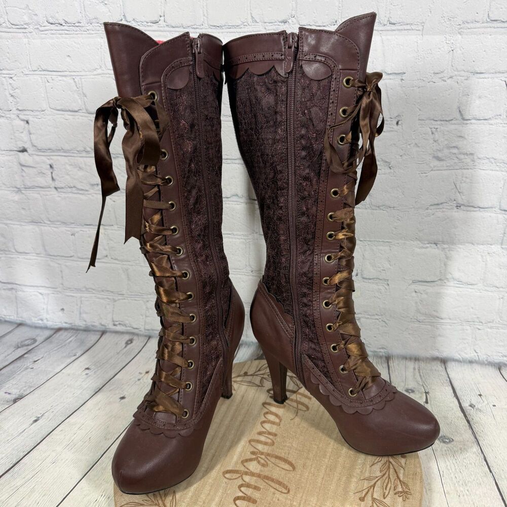 Ellie Victorian Steampunk Lace Up Knee High Boots Size 7 Brown Platform Goth - Picture 15 of 16